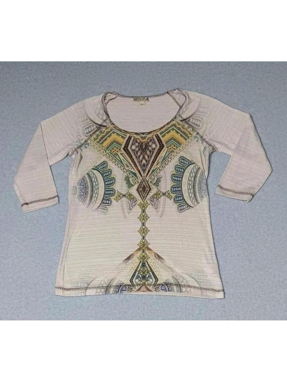 Energe World Wear 3/4 Sleeve Blouse Womens Size Medium Tan And Multicolor...